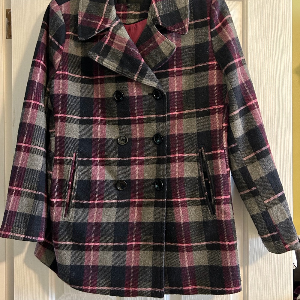 Womens Plaid Double-Breasted Peacoat - Pink & Gray